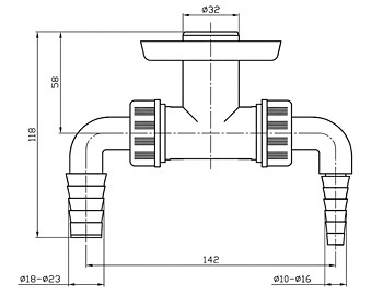 Syfon z podwójnymi przyłączami ro pralki i suszarki, odpływ 32mm - wymiarowanie