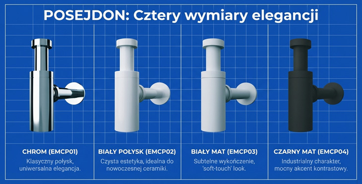 Półsyfony ozdobne do umywalki POSEJDON kolory: chrom, biały połysk, biały mat, czarny mat