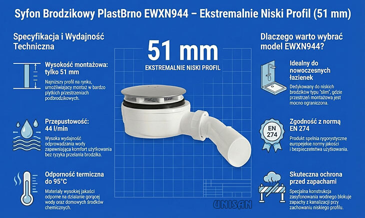 Syfon brodzikowy extra niski 51mm Plast Brno EWXN944 czyszczony od góry