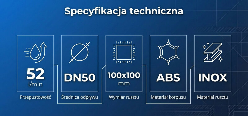 Wpust podłogowy pionowy 50mm 100x100 z zasyfonowaniem mokrym - PlastBrno