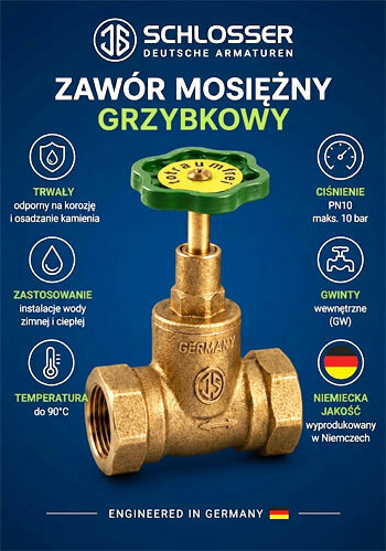 Zawór mosiężny, grzybkowy niemieckiej produkcji SCHLOSSER