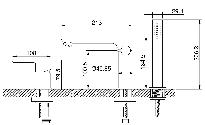 bateria wannowa 3-otworowa wymiary